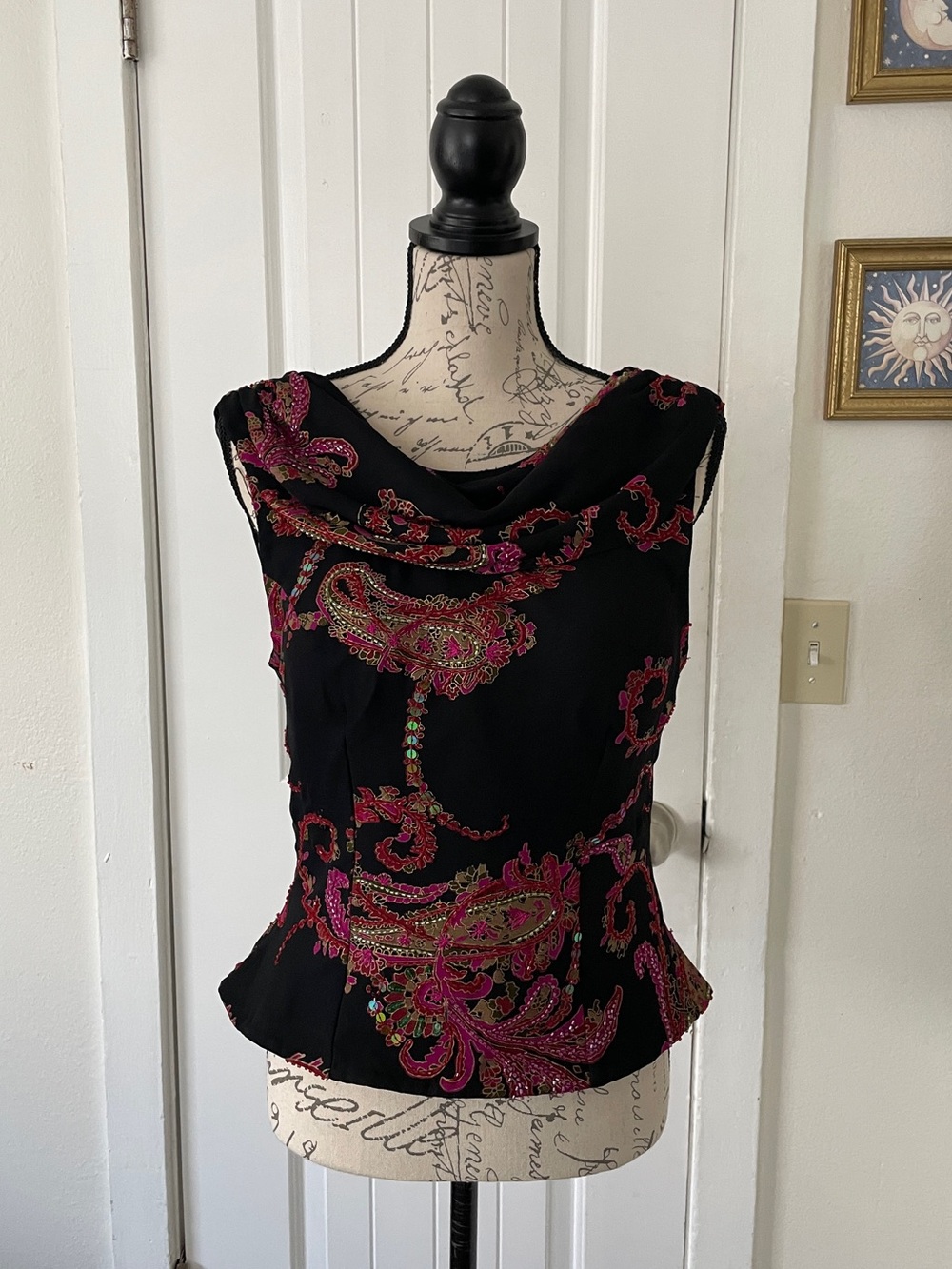 Vintage Sean Collection Sleeveless Beaded Sequined Paisley Cowl-Neck 100% silk M